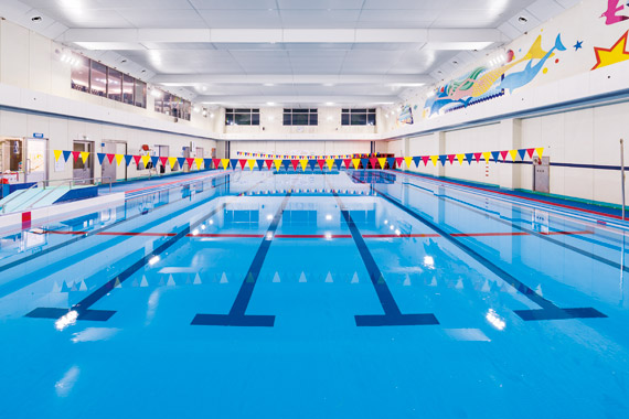 indoor pool lighting. the 6-lane, 25m heated swimming pool is brightly and safely lit with ledioc ceiling hb led indoor lighting fixtures. b